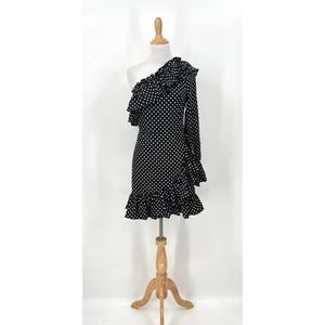NASTY GAL Our Options Are Open Polka Dot Dress Women 6 Black One Shoulder Ruffle